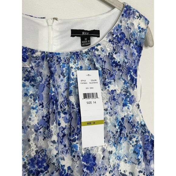 R&K Women’s Blue White Floral Lace Sleeveless Belted Fit Flare Dress SZ 14 New - Picture 3 of 6